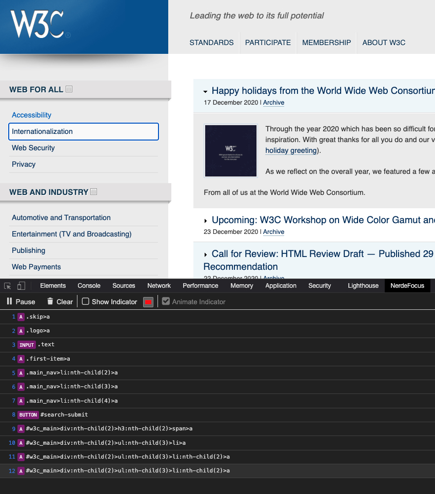 Screenshot of nerdeFocus: Listing the tab stops within a Chrome web inspector panel.